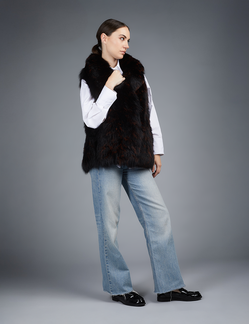 Gilet in volpe con collo inglese pelle intera nero 65 cm