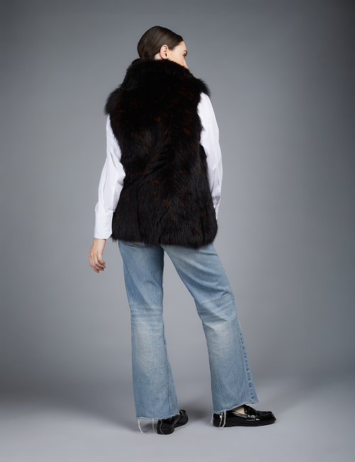 Gilet in volpe con collo inglese pelle intera nero 65 cm