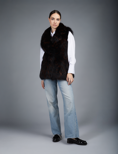 Gilet in volpe con collo inglese pelle intera nero 65 cm