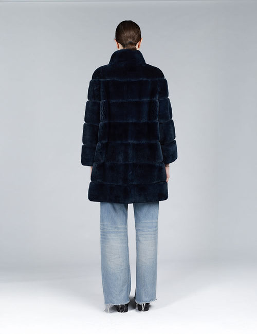 Rex coat with high collar in midnight blue, 85cm.