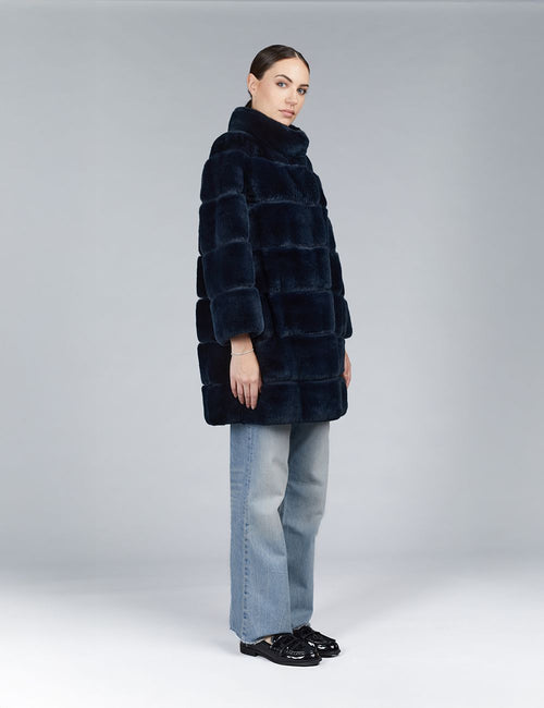 Rex coat with high collar in midnight blue, 85cm.