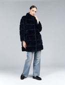 Cappotto in rex con collo alto blu notte 85cm