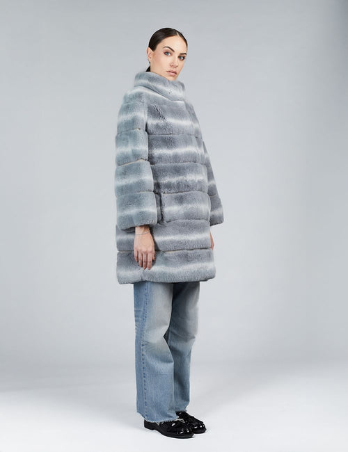 Manteau en rex avec col haut gris de 85cm