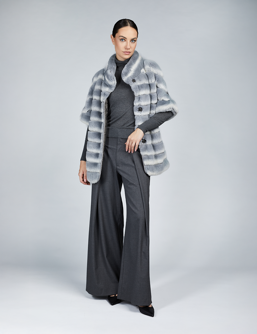 Mantella in rex con retro in lana reversibile grigio 70cm