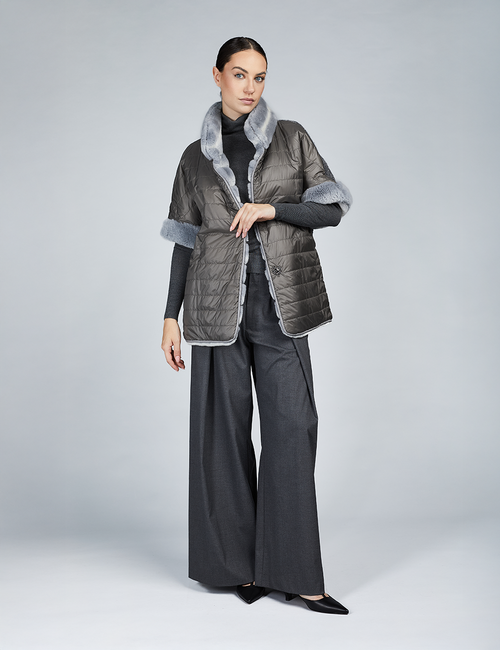Reversible grey wool blend coat with king-style collar and 70cm length.