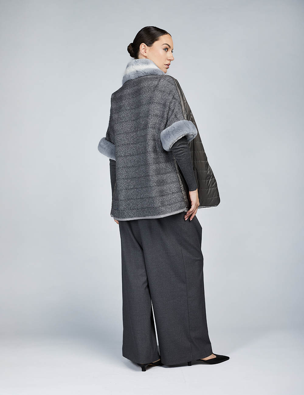 Reversible grey wool blend coat with king-style collar and 70cm length.