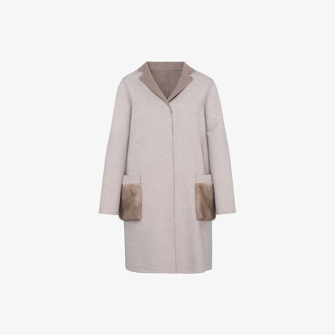 Cappotto in cashmere con tasche in visone beige 90 cm