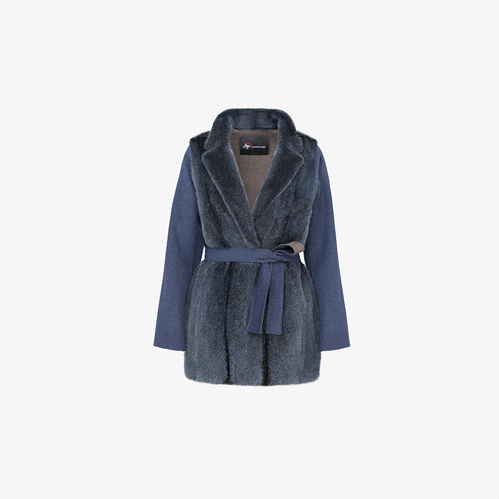 Cappotto in cashmere con finiture in visone blu 75 cm