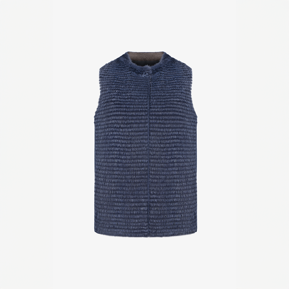 Gilet en cachemire avec finitions en vison bleu de 65 cm.