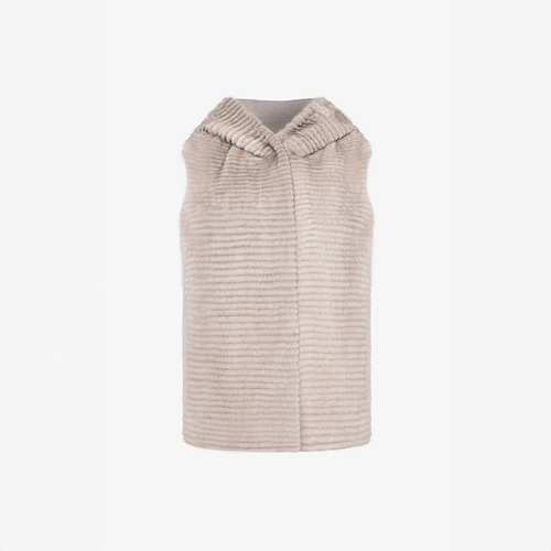 Gilet in cashmere con cappuccio e finiture in visone grigio chiaro 65 cm