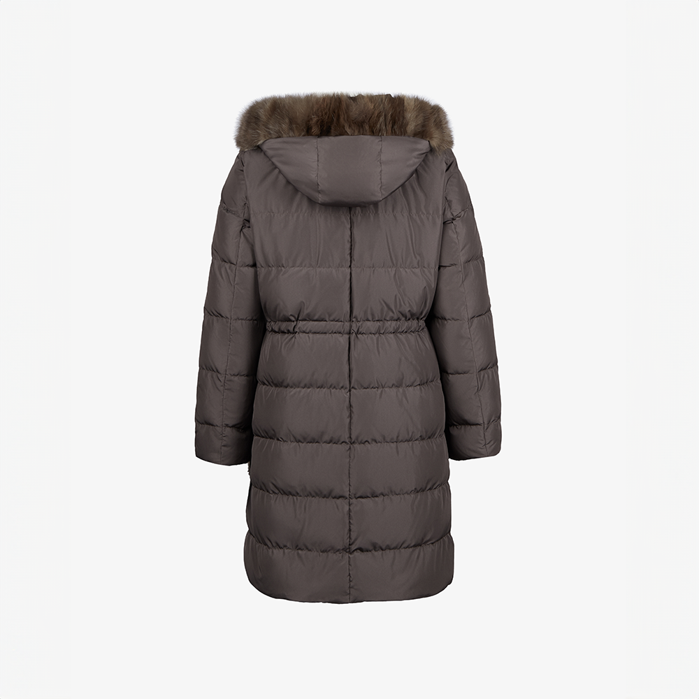 Piumino reversibile con cappuccio e finiture in zibellino marrone 90 cm