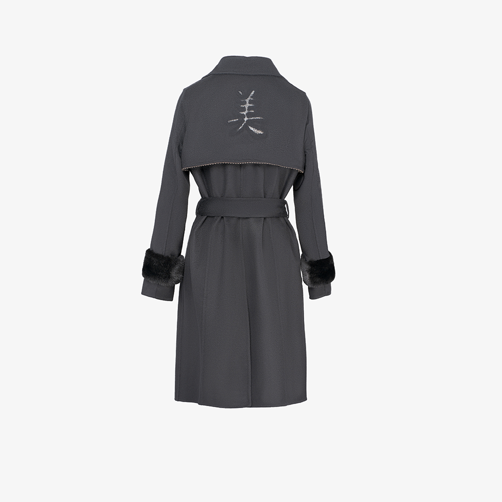 Manteau en cachemire avec détails en vison noir, 105 cm