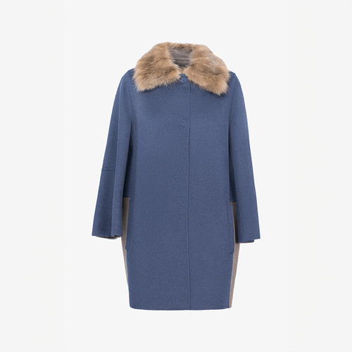 Cappotto in cashmere con collo in patch zibellino blu 85 cm