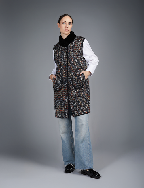 Gilet lungo in rex reversibile con chiusura a bottoni, nero, 90 cm