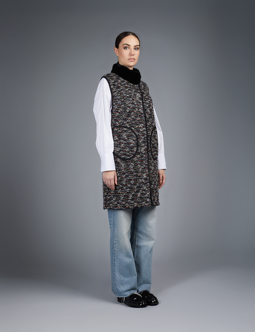 Gilet lungo in rex reversibile con chiusura a bottoni, nero, 90 cm