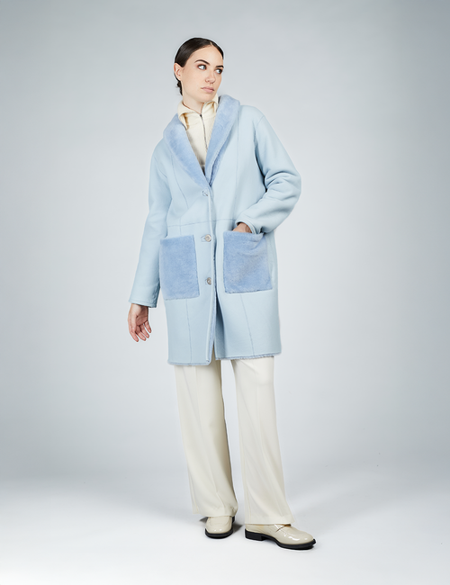 Cappotto in montone con bottoni reversibile azzurro 90cm