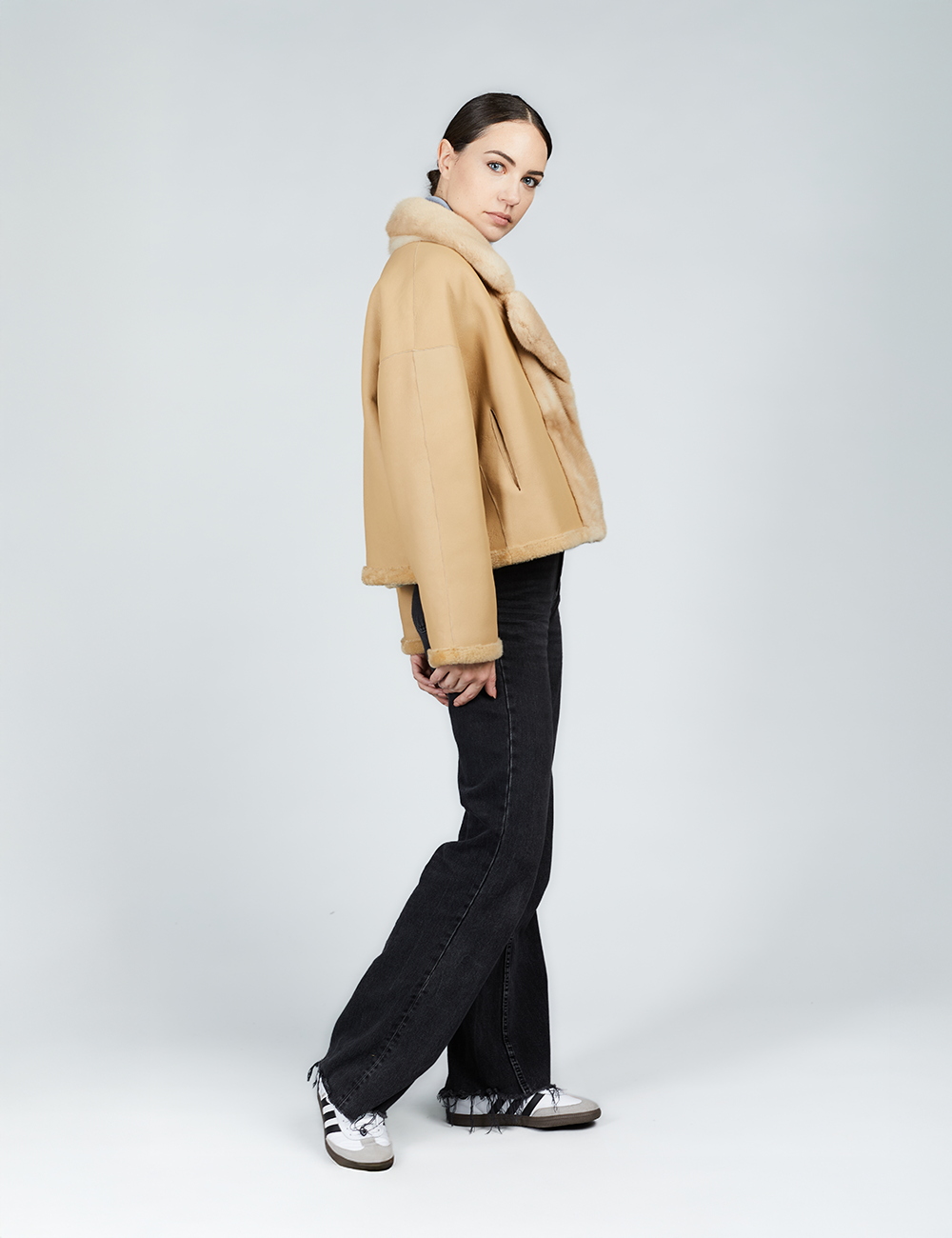 Reversible sheepskin jacket, camel color, 55 cm