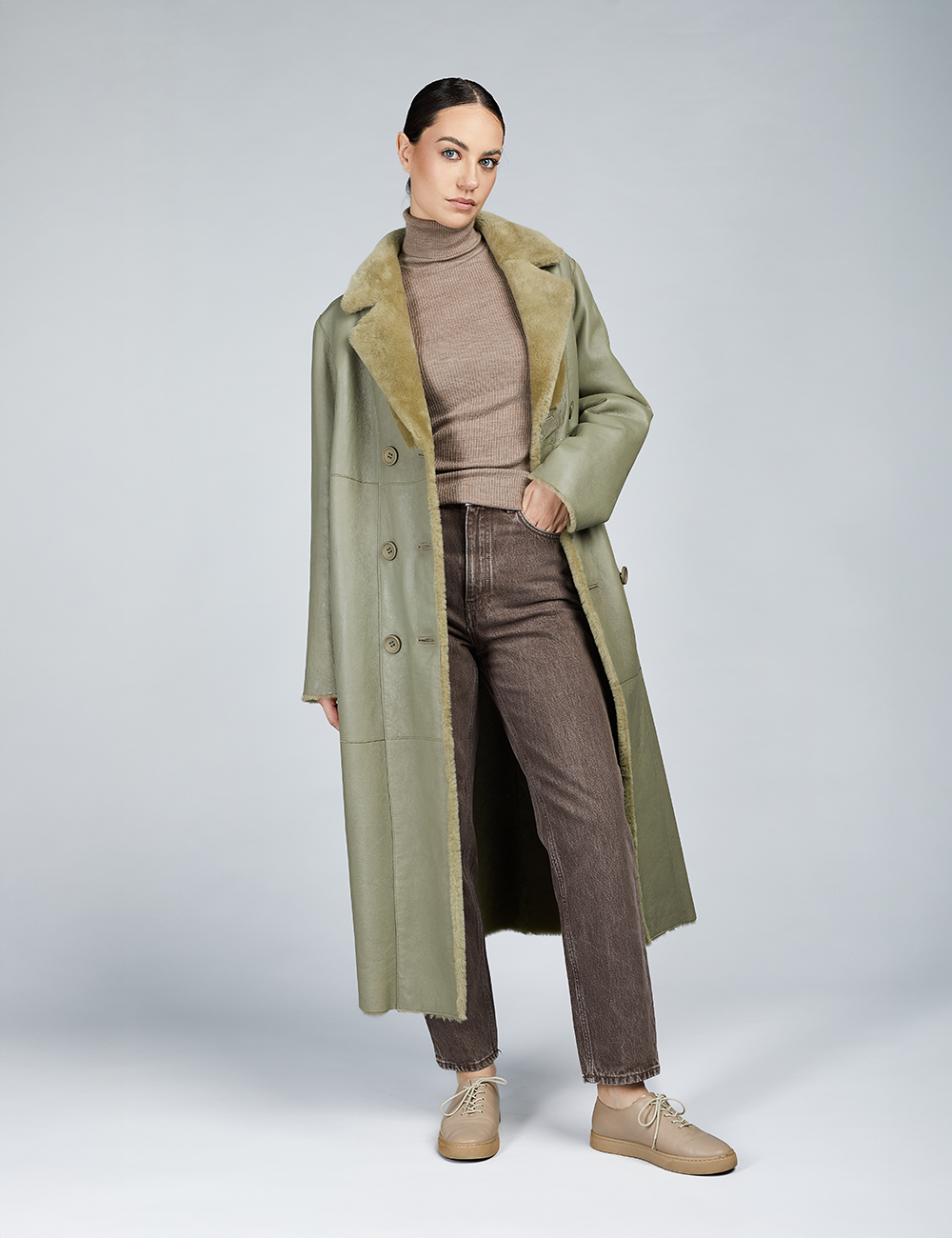 Cappotto lungo in montone reversibile verde 120cm