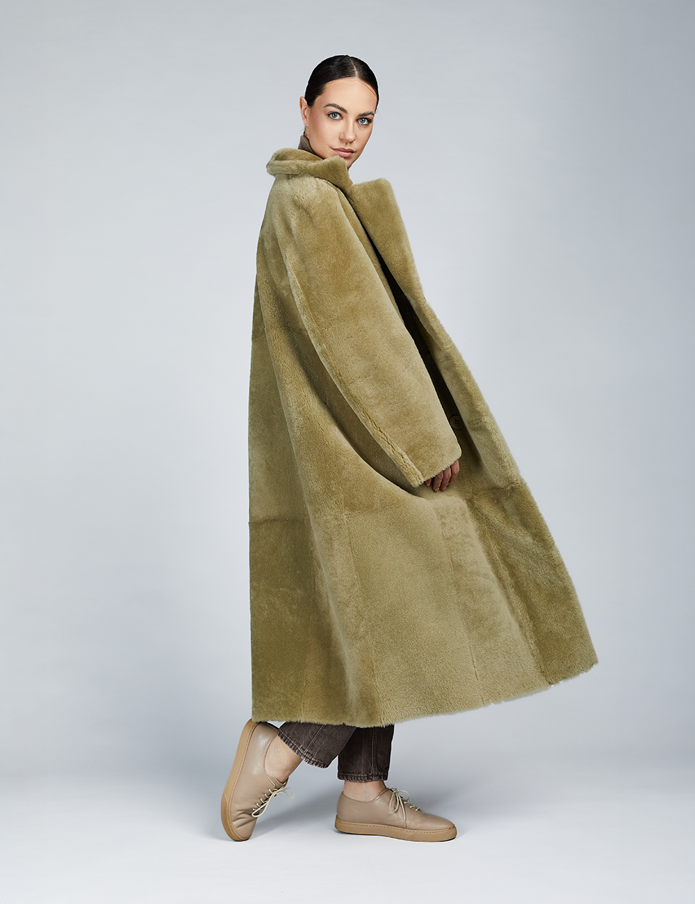 Manteau long en peau de mouton réversible vert 120cm