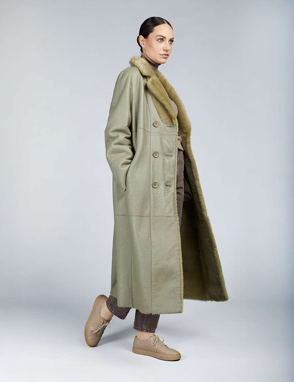 Manteau long en peau de mouton réversible vert 120cm