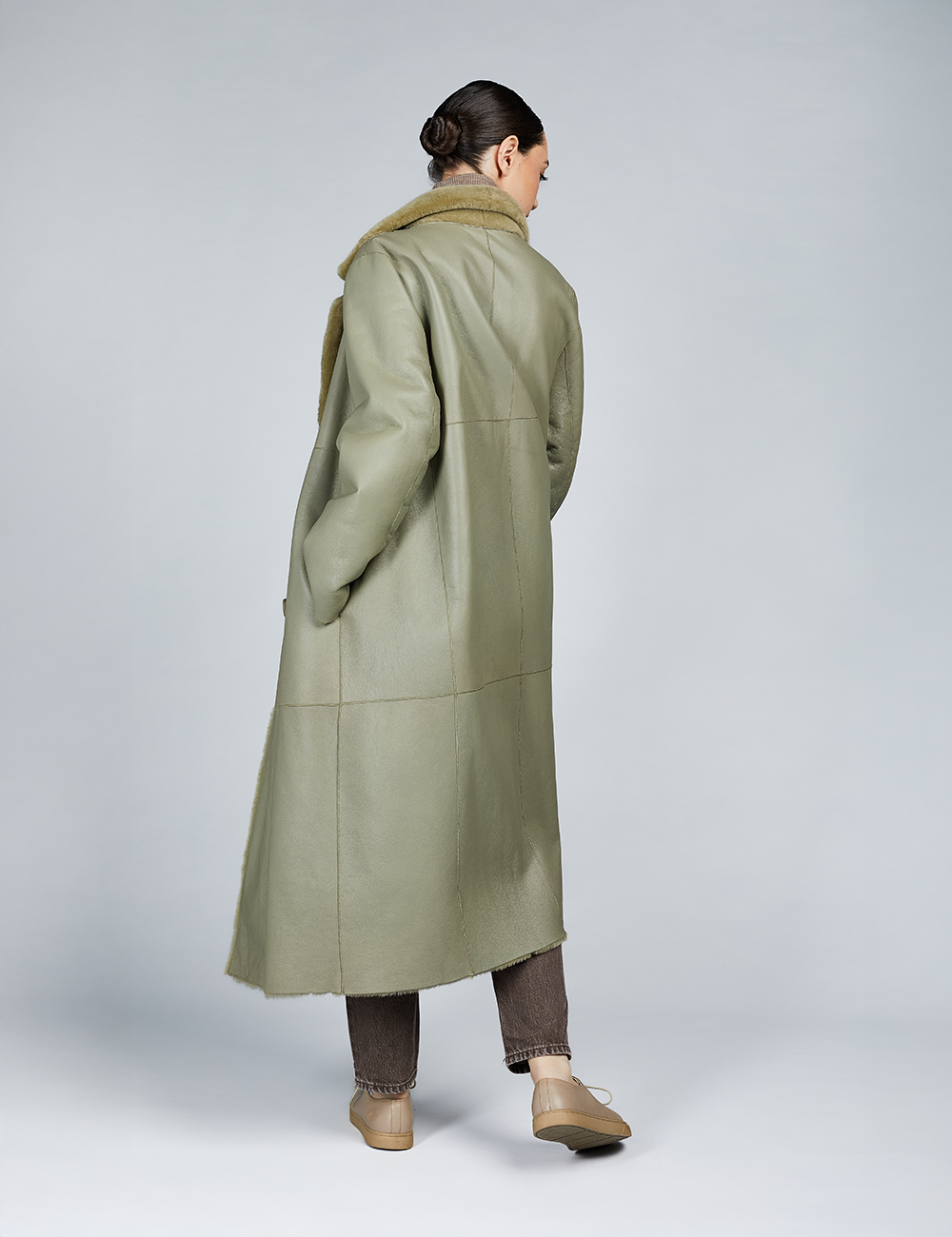 Manteau long en peau de mouton réversible vert 120cm