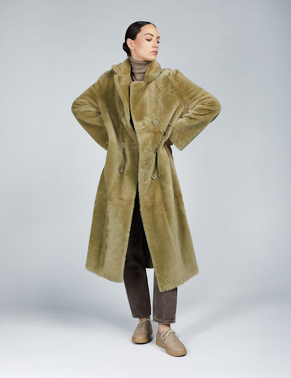 Manteau long en peau de mouton réversible vert 120cm