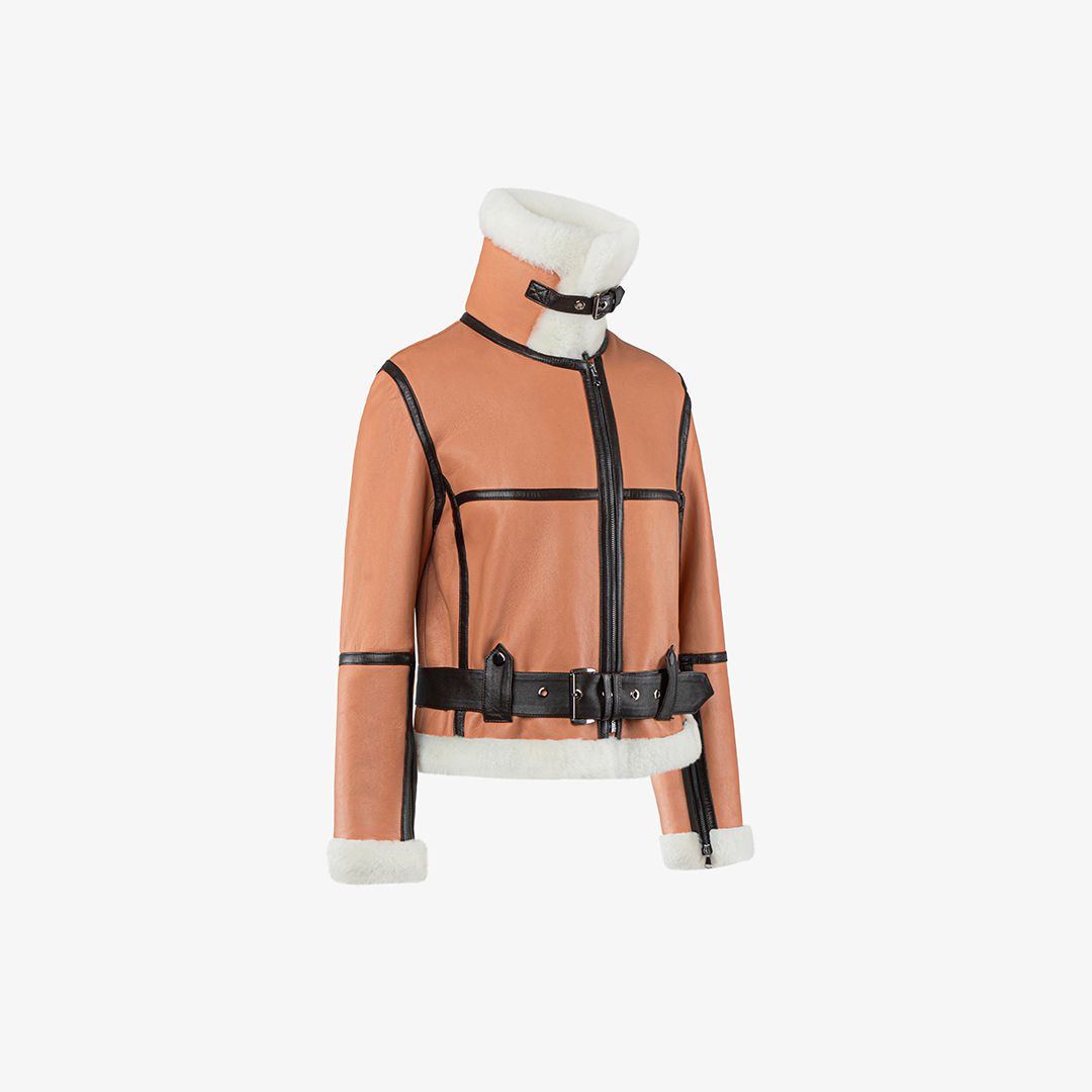Giacca di montone con zip cammello 55 cm