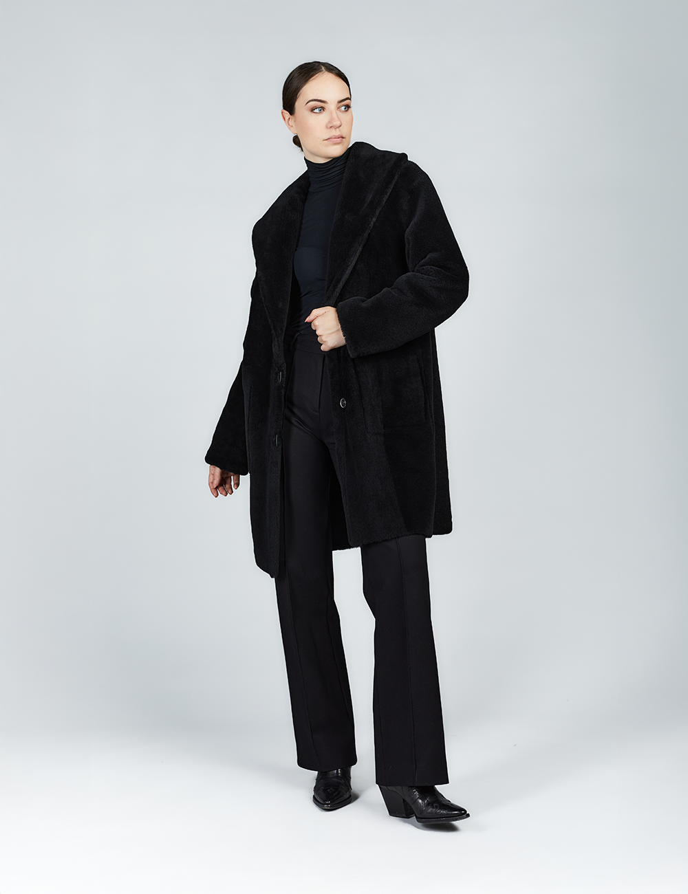 Cappotto in montone con collo inglese reversibile nero 90cm