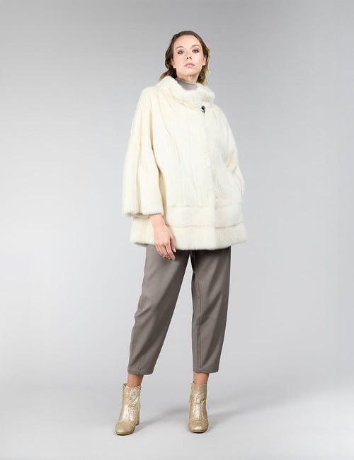 Cappotto in visone, collo alto, bianco, 70 cm