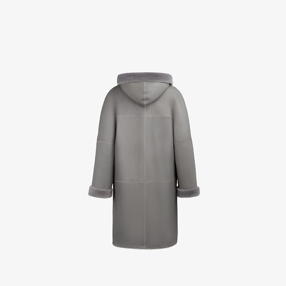 Cappotto lungo di montone grigio scuro 95 cm
