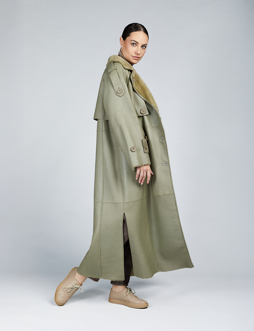 Manteau long en peau de mouton avec ceinture verte 130cm