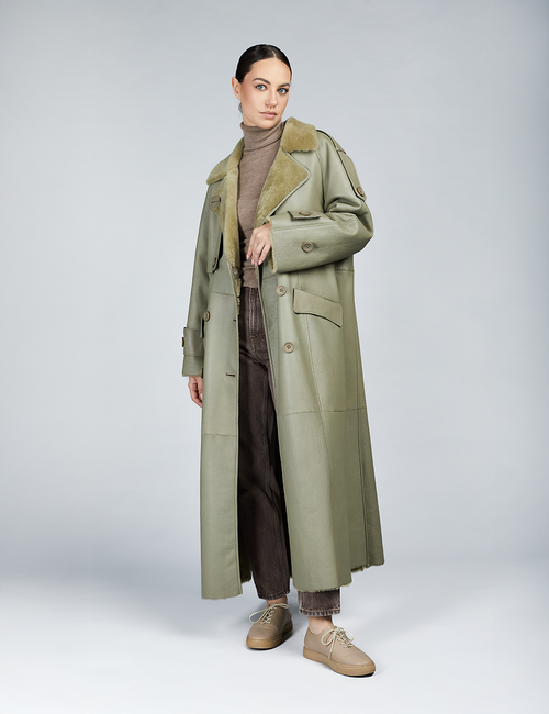 Cappotto lungo in montone con cintura verde 130cm