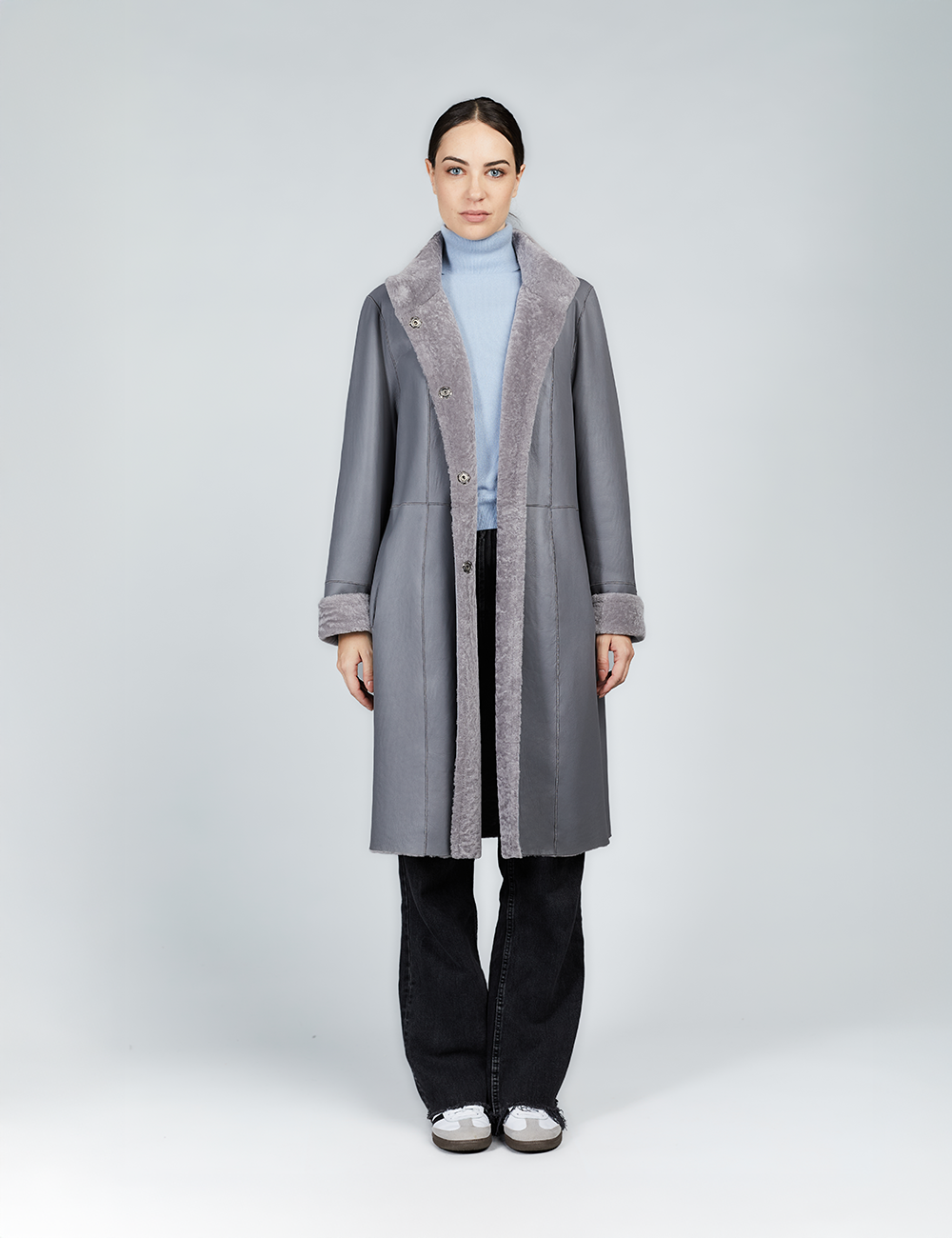 Manteau en peau de mouton avec ceinture réversible gris 100cm