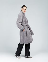Manteau en peau de mouton avec ceinture réversible gris 100cm