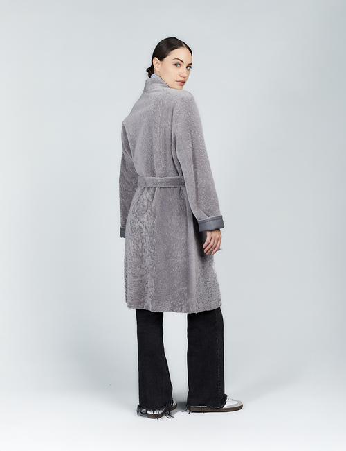 Manteau en peau de mouton avec ceinture réversible gris 100cm