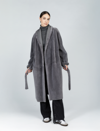 Manteau en peau de mouton avec ceinture réversible gris 110cm