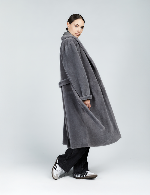 Manteau en peau de mouton avec ceinture réversible gris 110cm