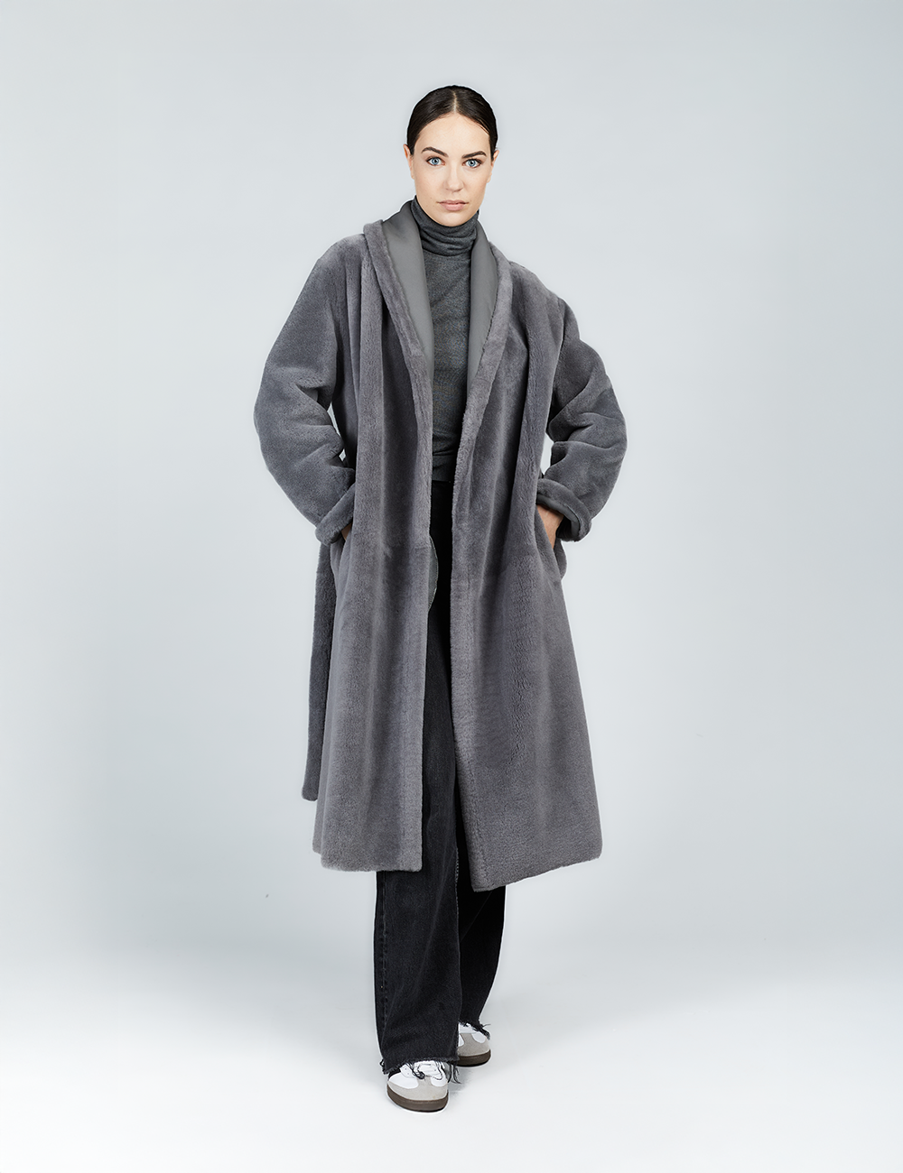 Manteau en peau de mouton avec ceinture réversible gris 110cm
