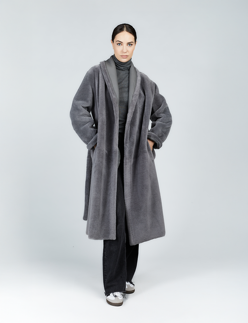 Manteau en peau de mouton avec ceinture réversible gris 110cm