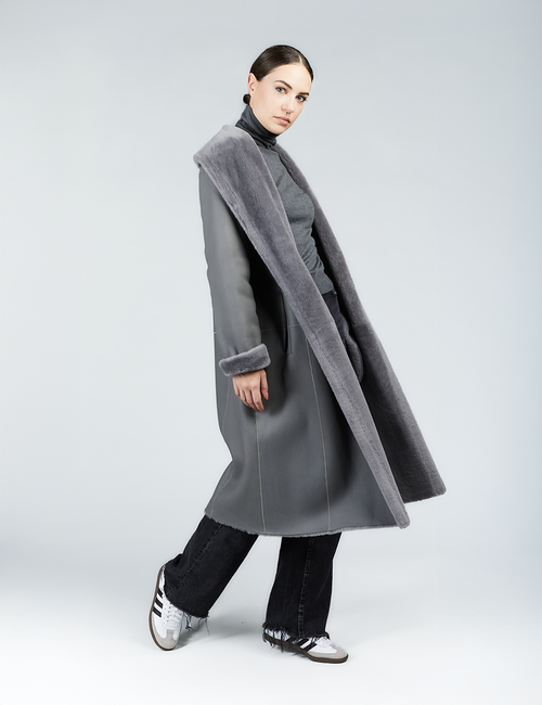 Manteau en peau de mouton avec ceinture réversible gris 110cm