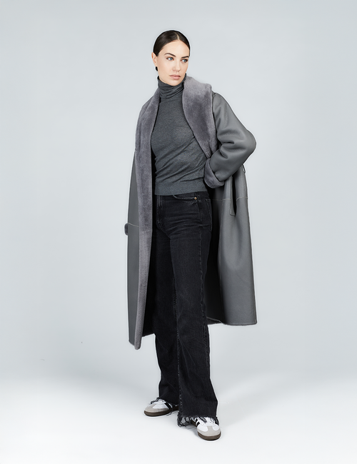 Manteau en peau de mouton avec ceinture réversible gris 110cm