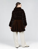 Full mink fur coat with high collar and mahogany trapeze silhouette, 85 cm long.