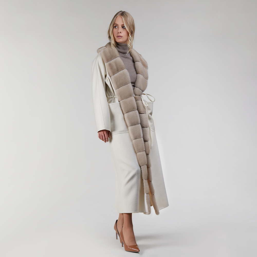 Cappotto lungo in cashmere con collo di visone panna 130 cm