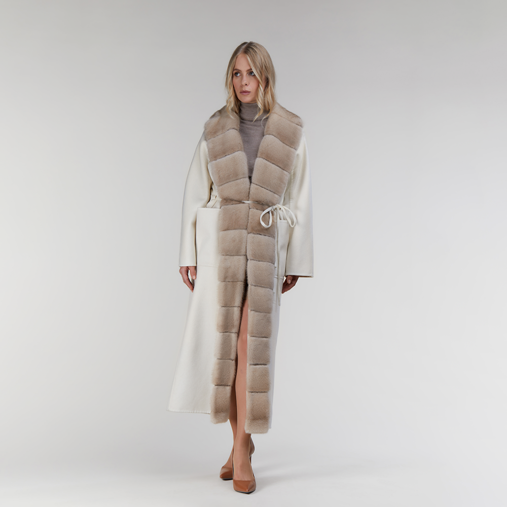 Cappotto lungo in cashmere con collo di visone panna 130 cm