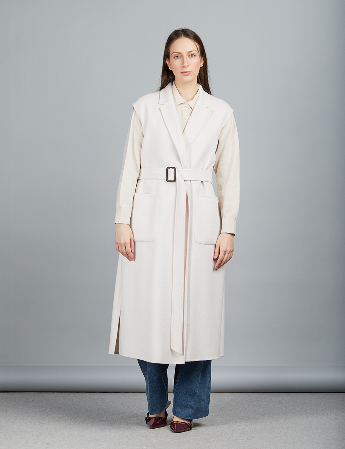 Gilet lungo in cashmere con tasche e cintura, fard, 120 cm