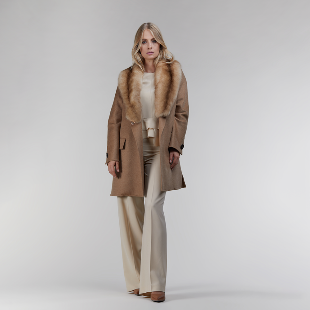 Cappotto corto in cashmere con collo di zibellino cammello 90cm
