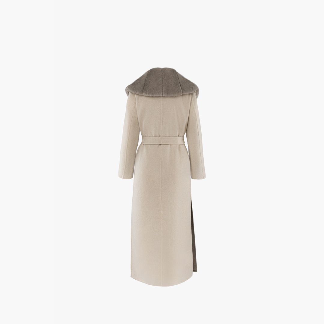 Cappotto lungo in cashmere con bordo in visone e cintura beige 130 cm