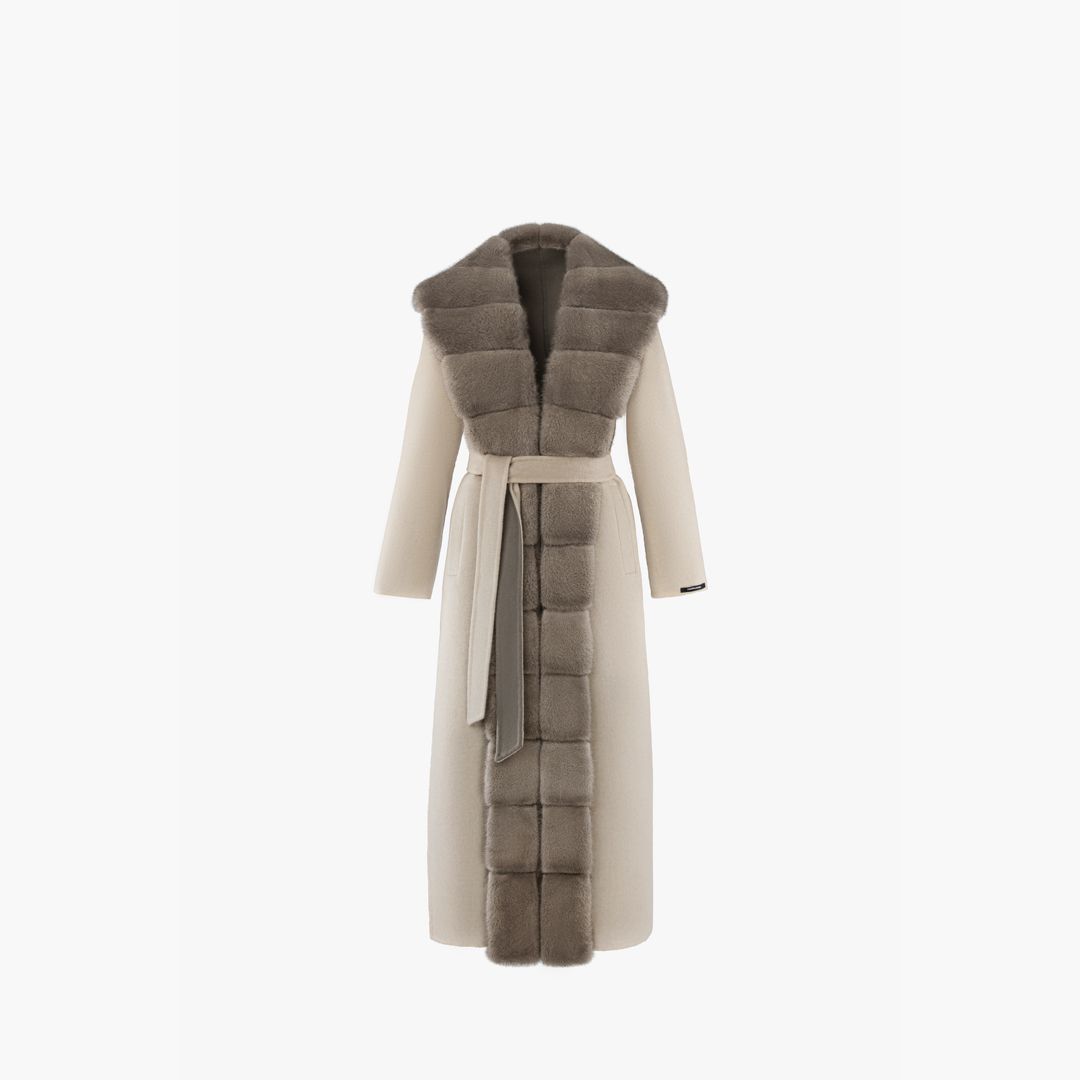 Cappotto lungo in cashmere con bordo in visone e cintura beige 130 cm