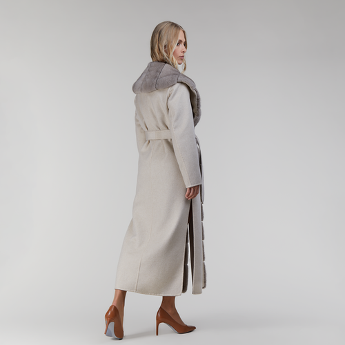 Cappotto lungo in cashmere con bordo in visone e cintura beige 130 cm