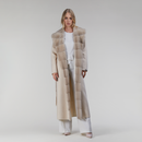 Cappotto lungo in cashmere con bordo in visone e cintura panna 130 cm